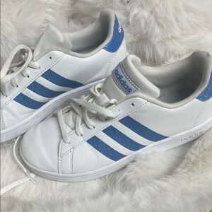 adidas Kids White Sneakers with Blue Glitter Stripes